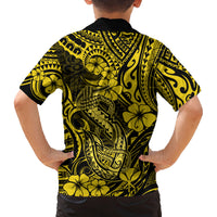 Hawaii Fish Hook Family Matching Long Sleeve Bodycon Dress and Hawaiian Shirt Hibiscus Hawaii Tribal Tattoo Yellow Version LT01 - Polynesian Pride