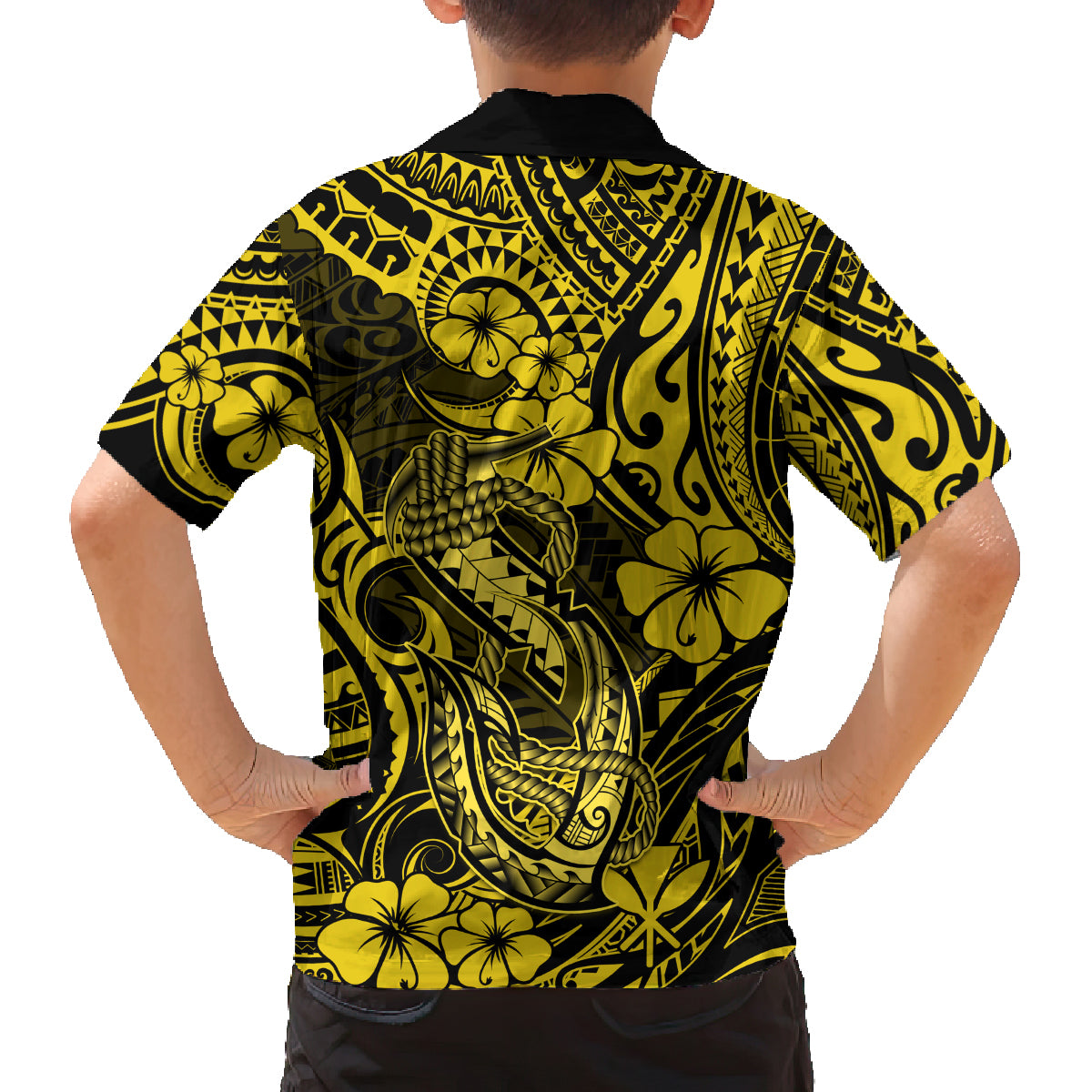 Hawaii Fish Hook Family Matching Off Shoulder Short Dress and Hawaiian Shirt Hibiscus Hawaii Tribal Tattoo Yellow Version LT01 - Polynesian Pride