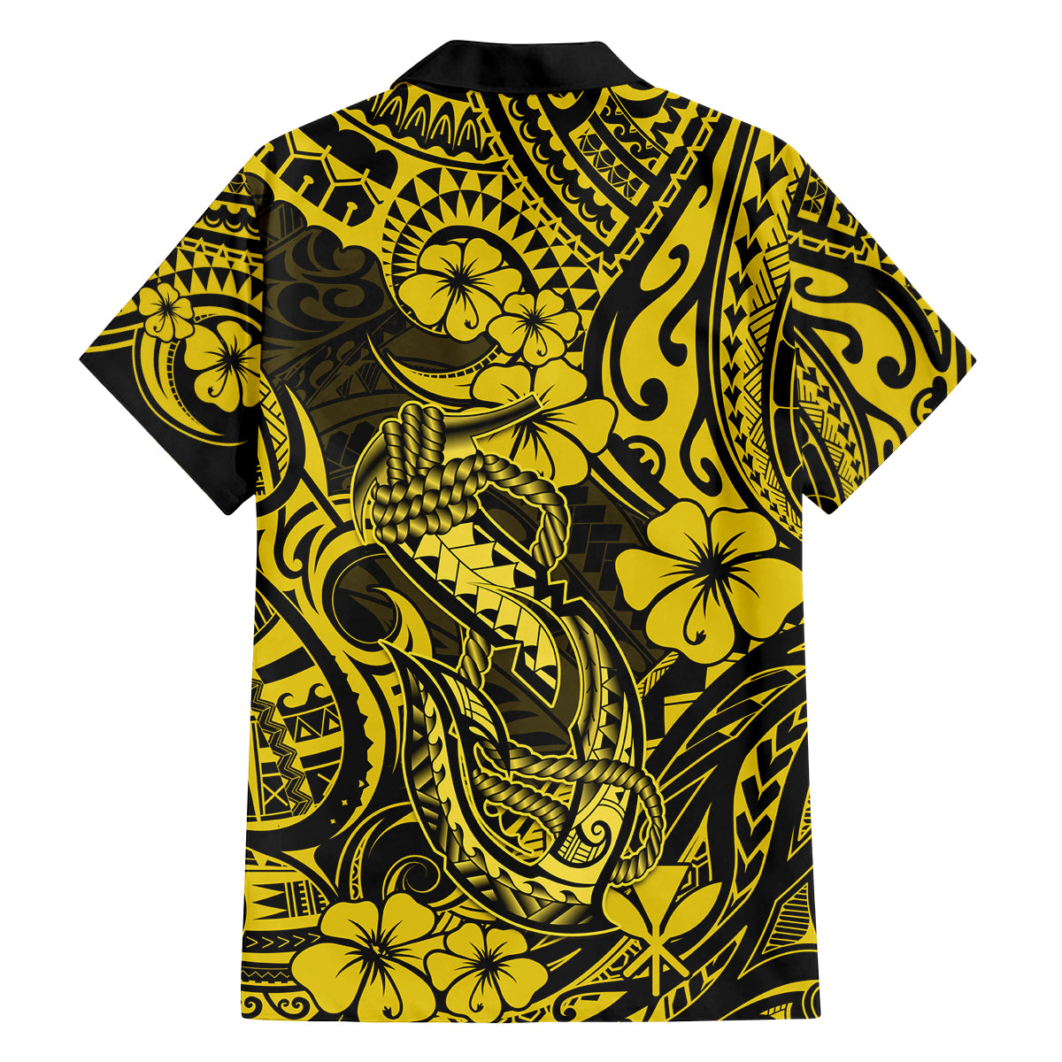 Hawaii Fish Hook Family Matching Off Shoulder Short Dress and Hawaiian Shirt Hibiscus Hawaii Tribal Tattoo Yellow Version LT01 - Polynesian Pride