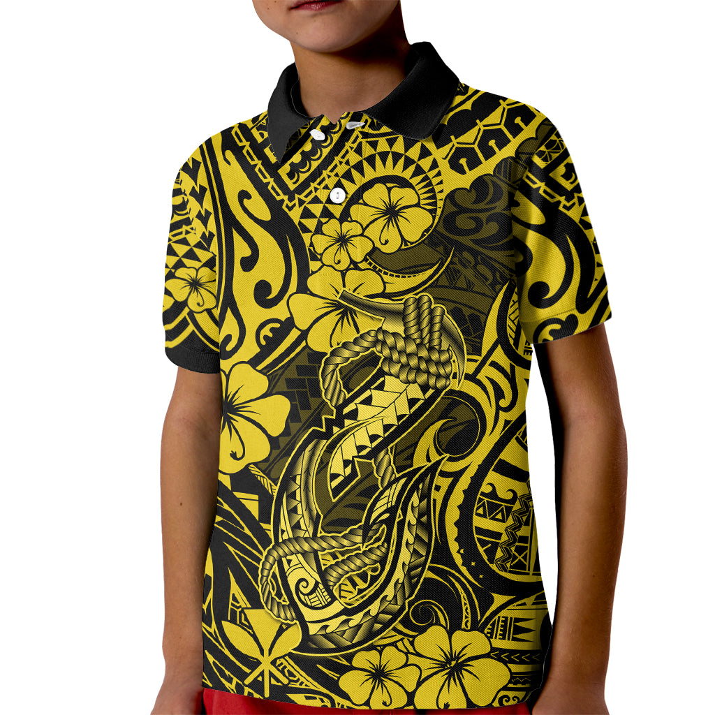Hawaii Fish Hook Kid Polo Shirt Hibiscus Hawaii Tribal Tattoo Yellow Version LT01 Kid Yellow - Polynesian Pride