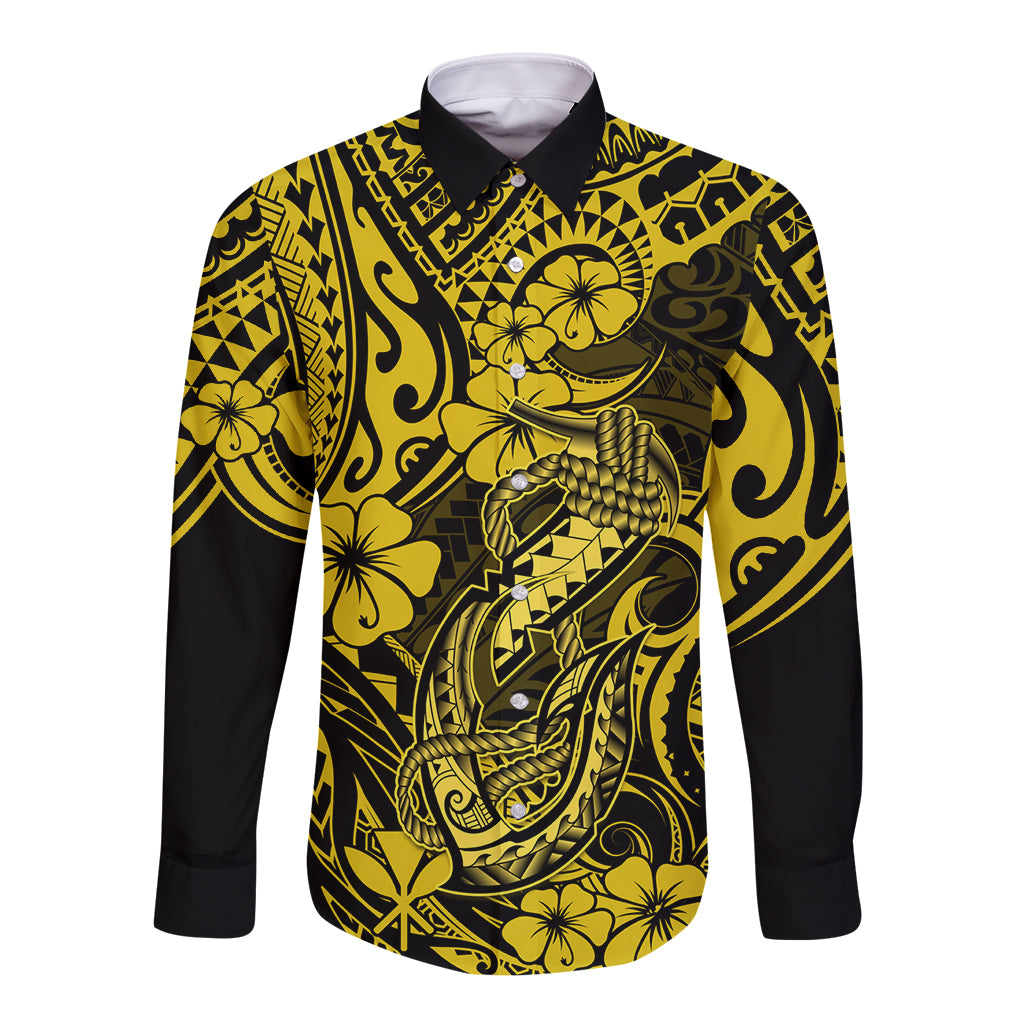 Hawaii Fish Hook Long Sleeve Button Shirt Hibiscus Hawaii Tribal Tattoo Yellow Version LT01 Unisex Yellow - Polynesian Pride