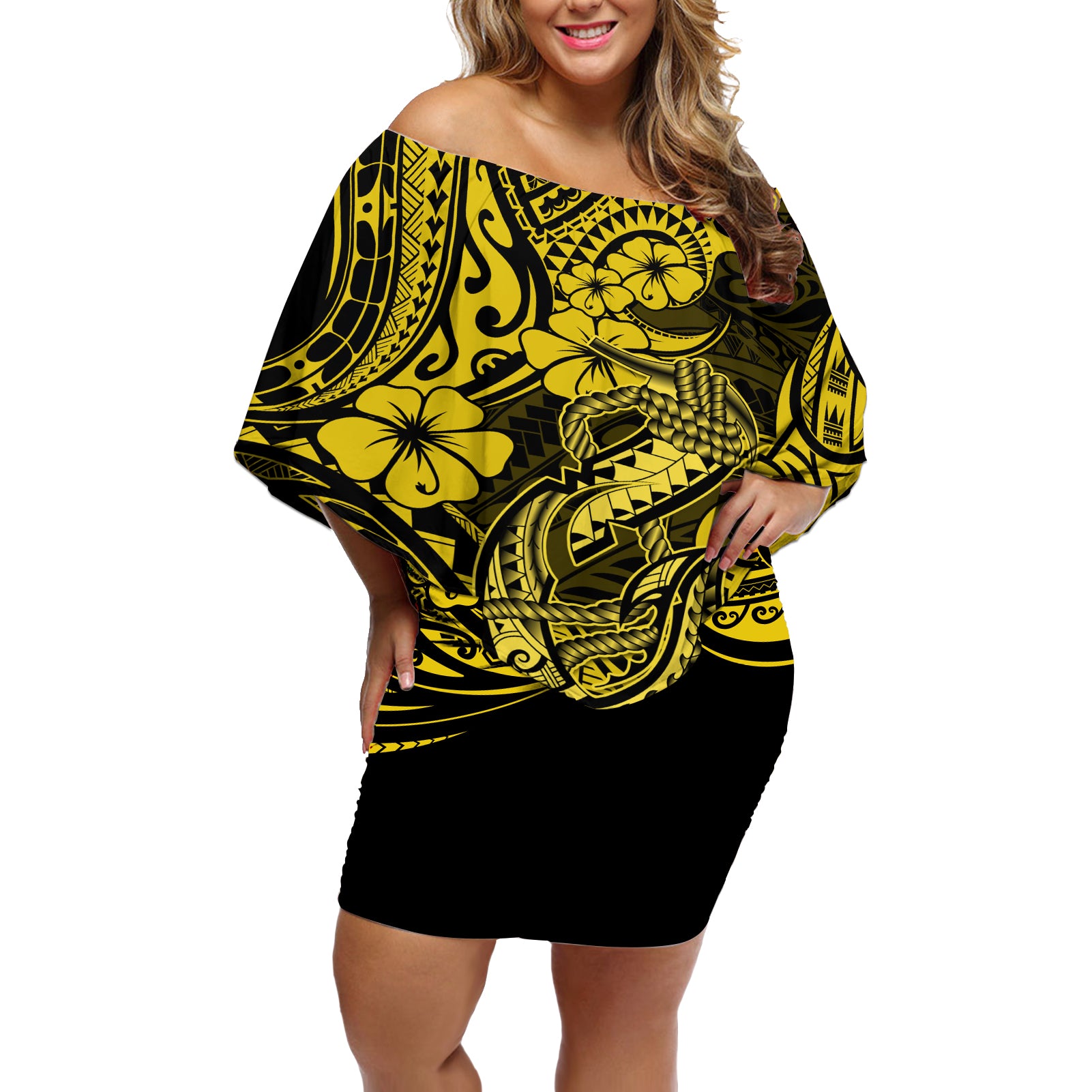 Hawaii Fish Hook Off Shoulder Short Dress Hibiscus Hawaii Tribal Tattoo Yellow Version LT01 Women Yellow - Polynesian Pride