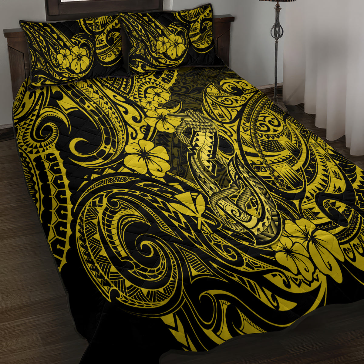 Hawaii Fish Hook Quilt Bed Set Hibiscus Hawaii Tribal Tattoo Yellow Version LT01 - Polynesian Pride