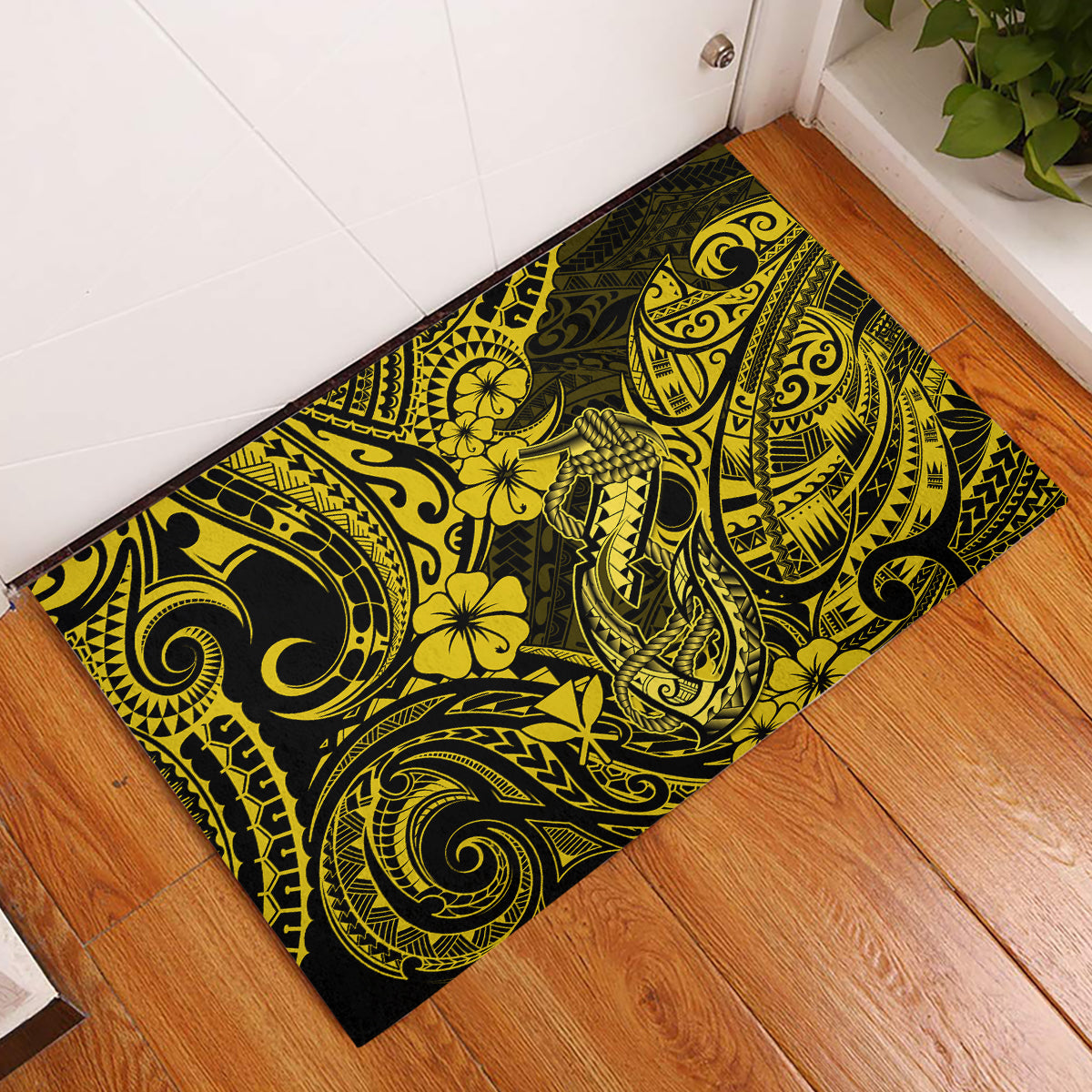 Hawaii Fish Hook Rubber Doormat Hibiscus Hawaii Tribal Tattoo Yellow Version LT01 Yellow - Polynesian Pride