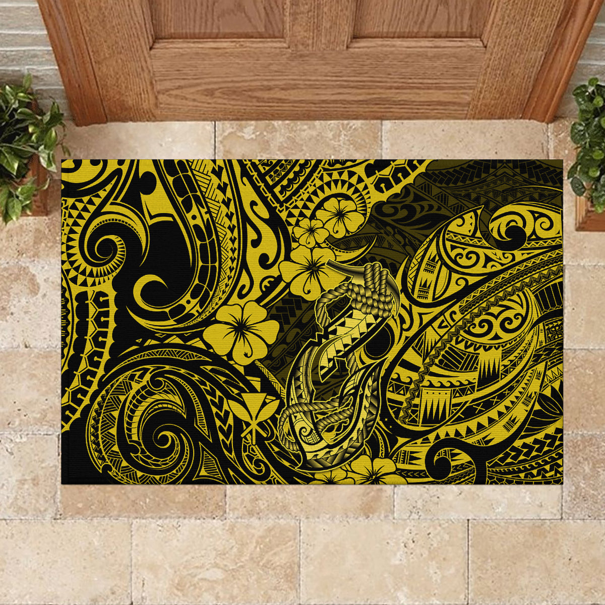 Hawaii Fish Hook Rubber Doormat Hibiscus Hawaii Tribal Tattoo Yellow Version LT01 - Polynesian Pride