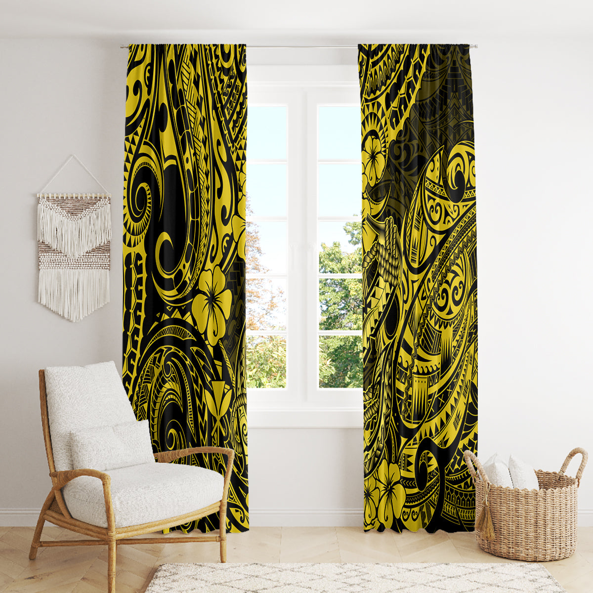 Hawaii Fish Hook Window Curtain Hibiscus Hawaii Tribal Tattoo Yellow Version LT01 - Polynesian Pride