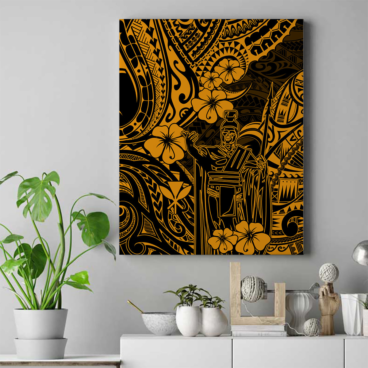 Hawaii King Kamehameha Canvas Wall Art Polynesian Pattern Gold Version LT01 Gold - Polynesian Pride