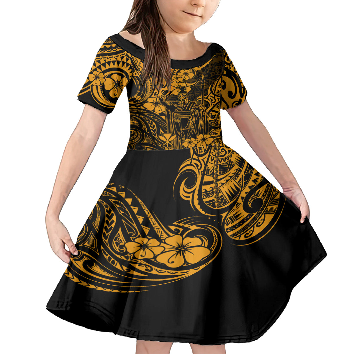 Hawaii King Kamehameha Family Matching Mermaid Dress and Hawaiian Shirt Polynesian Pattern Gold Version LT01 Daughter's Dress Gold - Polynesian Pride