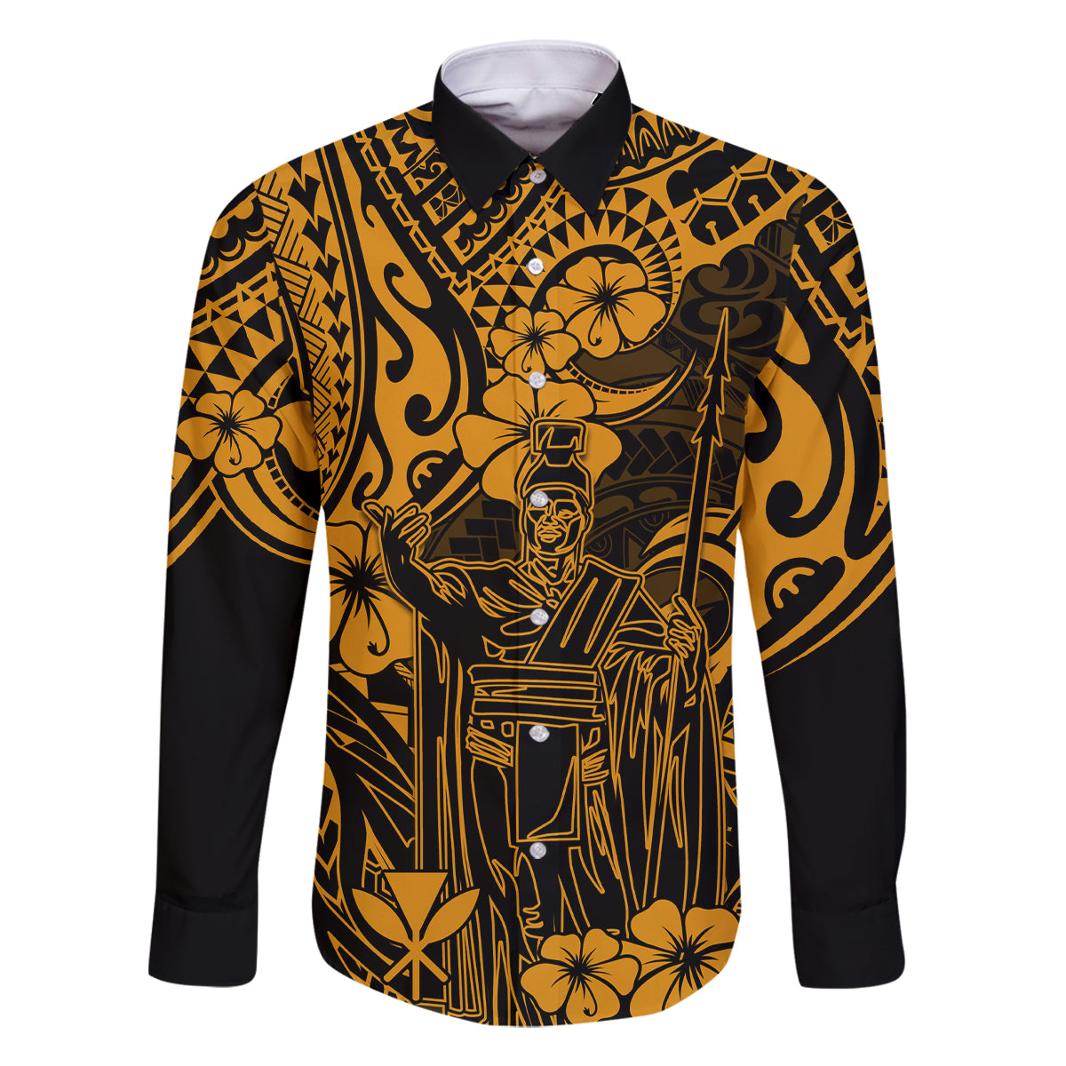 Hawaii King Kamehameha Family Matching Tank Maxi Dress and Hawaiian Shirt Polynesian Pattern Gold Version LT01 Dad's Shirt - Long Sleeve Gold - Polynesian Pride