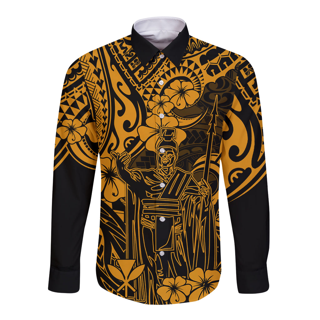 Hawaii King Kamehameha Long Sleeve Button Shirt Polynesian Pattern Gold Version LT01 Unisex Gold - Polynesian Pride