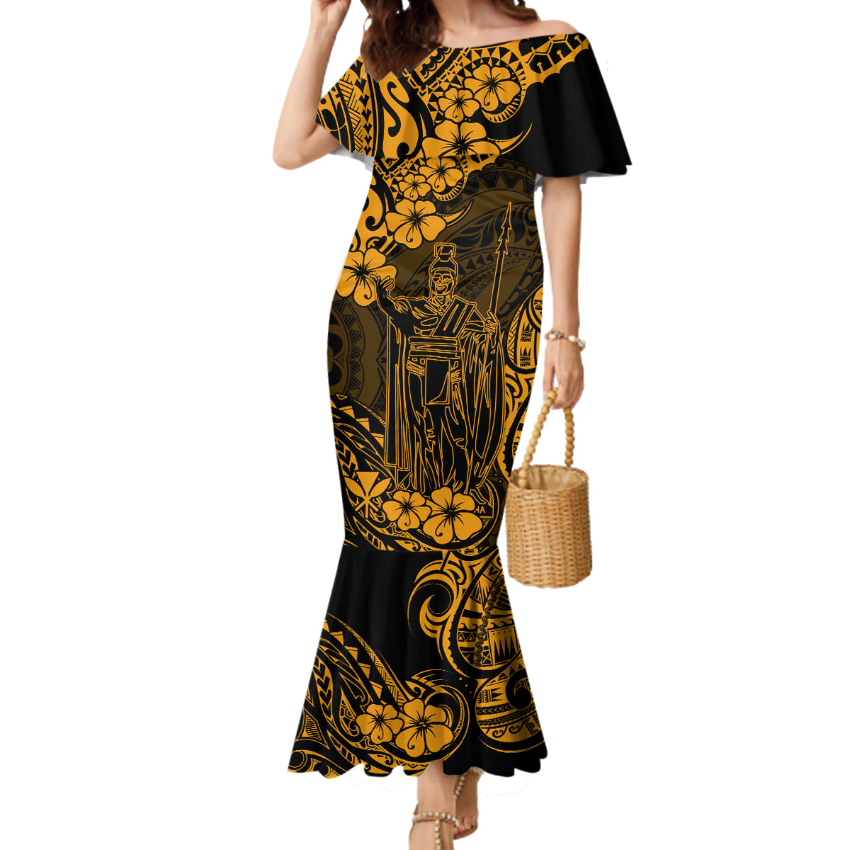 Hawaii King Kamehameha Mermaid Dress Polynesian Pattern Gold Version LT01 Women Gold - Polynesian Pride