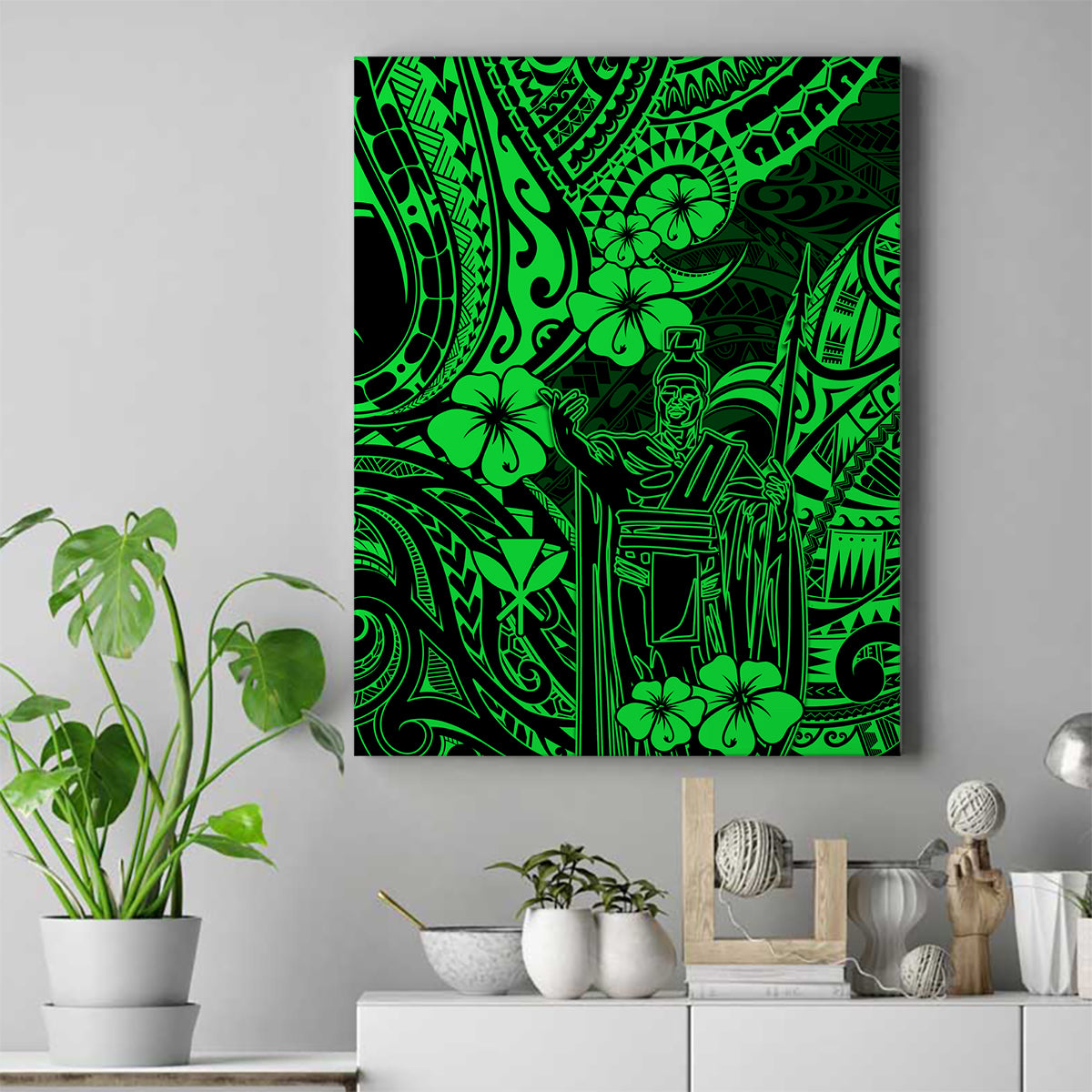 Hawaii King Kamehameha Canvas Wall Art Polynesian Pattern Green Version LT01 Green - Polynesian Pride