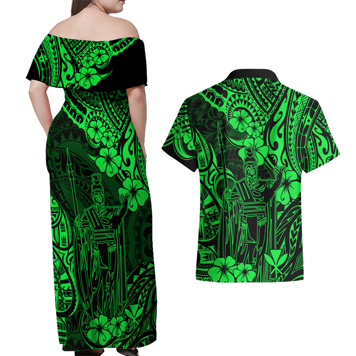 Hawaii King Kamehameha Couples Matching Off Shoulder Maxi Dress and Hawaiian Shirt Polynesian Pattern Green Version LT01 - Polynesian Pride
