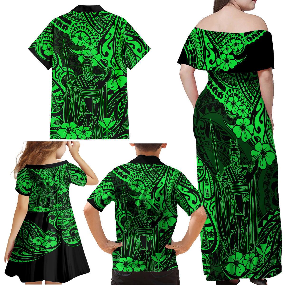 Hawaii King Kamehameha Family Matching Off Shoulder Maxi Dress and Hawaiian Shirt Polynesian Pattern Green Version LT01 - Polynesian Pride