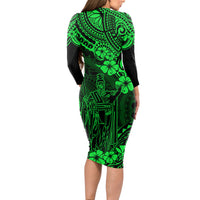 Hawaii King Kamehameha Long Sleeve Bodycon Dress Polynesian Pattern Green Version LT01 - Polynesian Pride