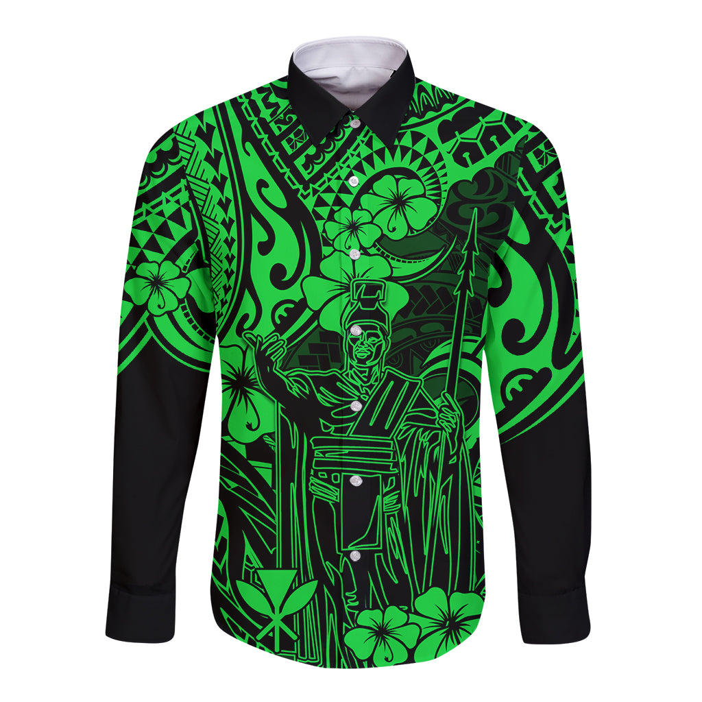Hawaii King Kamehameha Long Sleeve Button Shirt Polynesian Pattern Green Version LT01 Unisex Green - Polynesian Pride