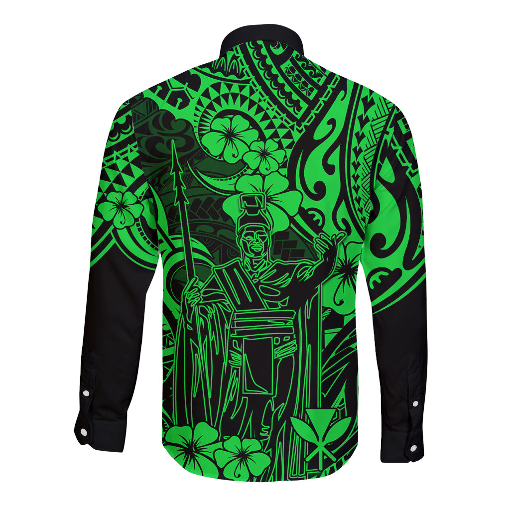 Hawaii King Kamehameha Long Sleeve Button Shirt Polynesian Pattern Green Version LT01 - Polynesian Pride