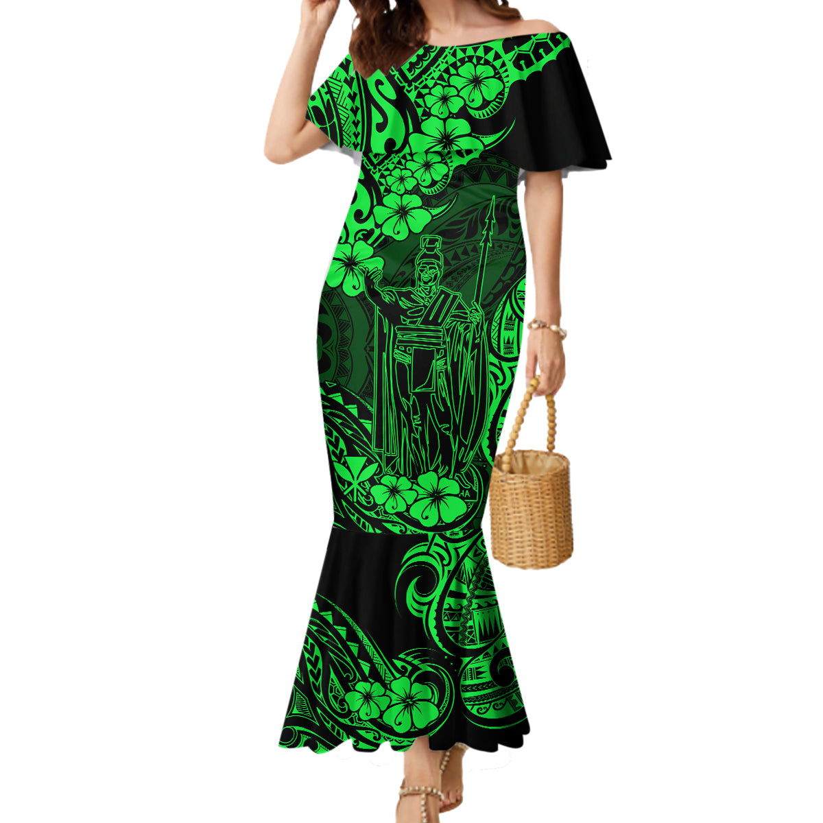 Hawaii King Kamehameha Mermaid Dress Polynesian Pattern Green Version LT01 Women Green - Polynesian Pride