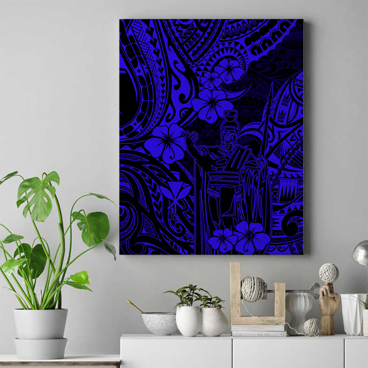 Hawaii King Kamehameha Canvas Wall Art Polynesian Pattern Navy Blue Version LT01 Blue - Polynesian Pride