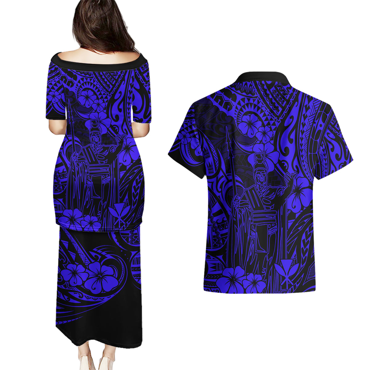 Hawaii King Kamehameha Couples Matching Puletasi Dress and Hawaiian Shirt Polynesian Pattern Navy Blue Version LT01 - Polynesian Pride