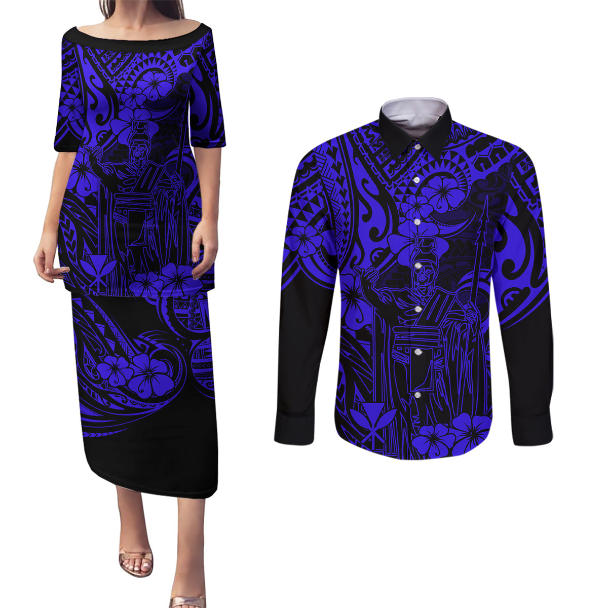 Hawaii King Kamehameha Couples Matching Puletasi Dress and Long Sleeve Button Shirts Polynesian Pattern Navy Blue Version LT01 Blue - Polynesian Pride