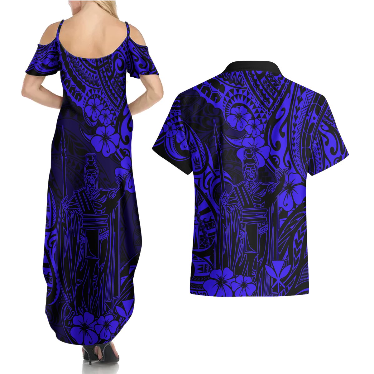 Hawaii King Kamehameha Couples Matching Summer Maxi Dress and Hawaiian Shirt Polynesian Pattern Navy Blue Version LT01 - Polynesian Pride