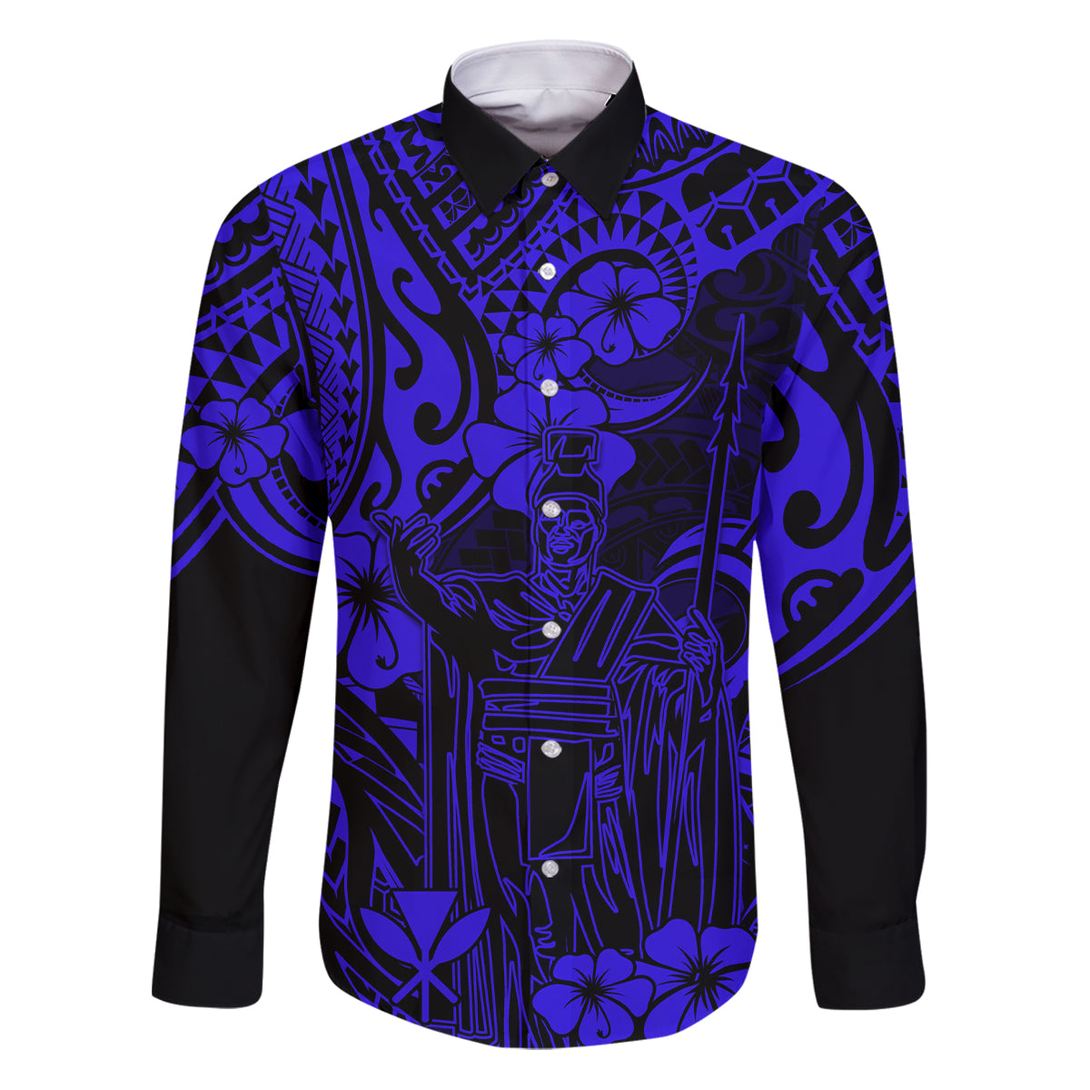 Hawaii King Kamehameha Family Matching Puletasi Dress and Hawaiian Shirt Polynesian Pattern Navy Blue Version LT01 Dad's Shirt - Long Sleeve Blue - Polynesian Pride
