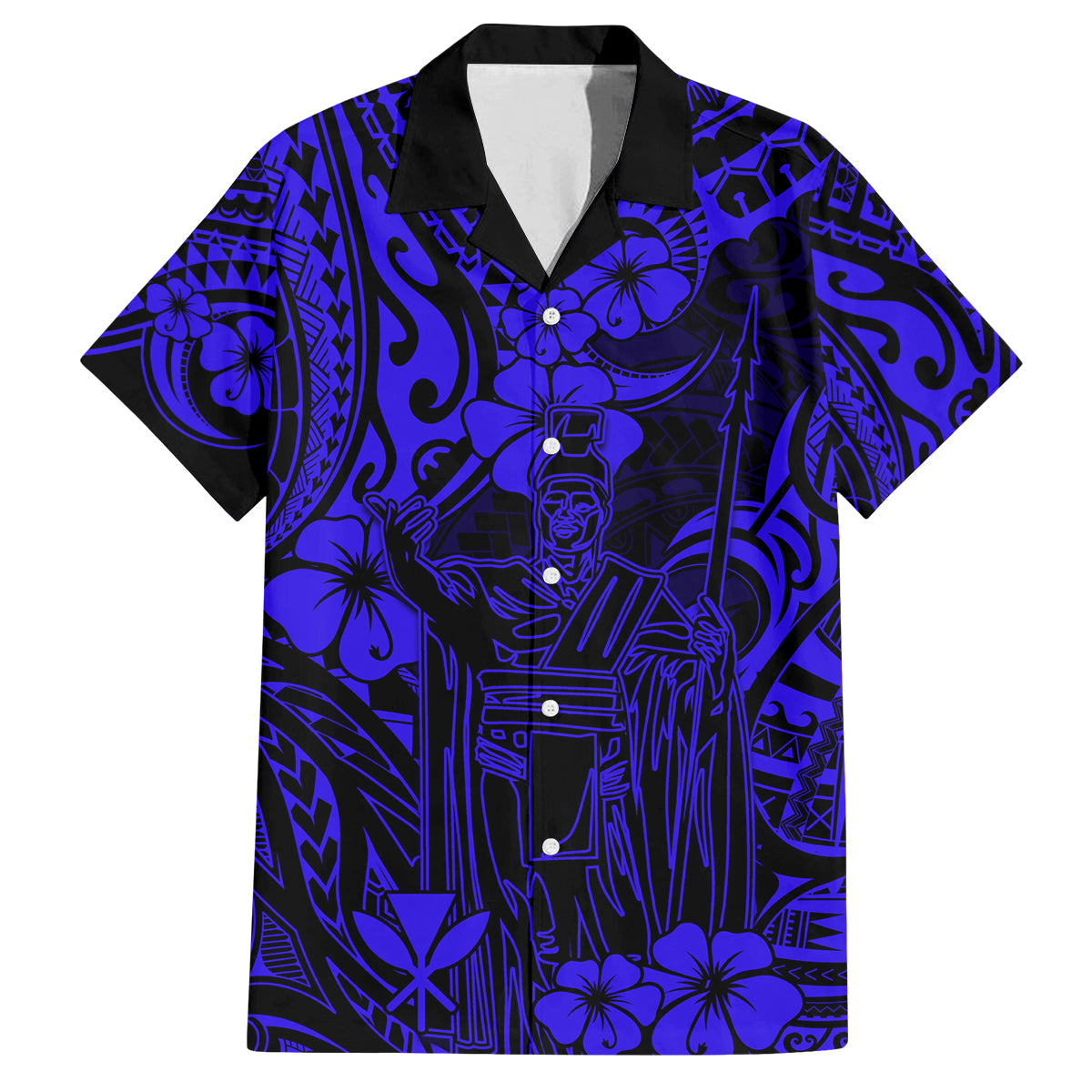 Hawaii King Kamehameha Family Matching Summer Maxi Dress and Hawaiian Shirt Polynesian Pattern Navy Blue Version LT01 Dad's Shirt - Short Sleeve Blue - Polynesian Pride