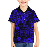 Hawaii King Kamehameha Family Matching Tank Maxi Dress and Hawaiian Shirt Polynesian Pattern Navy Blue Version LT01 Son's Shirt Blue - Polynesian Pride