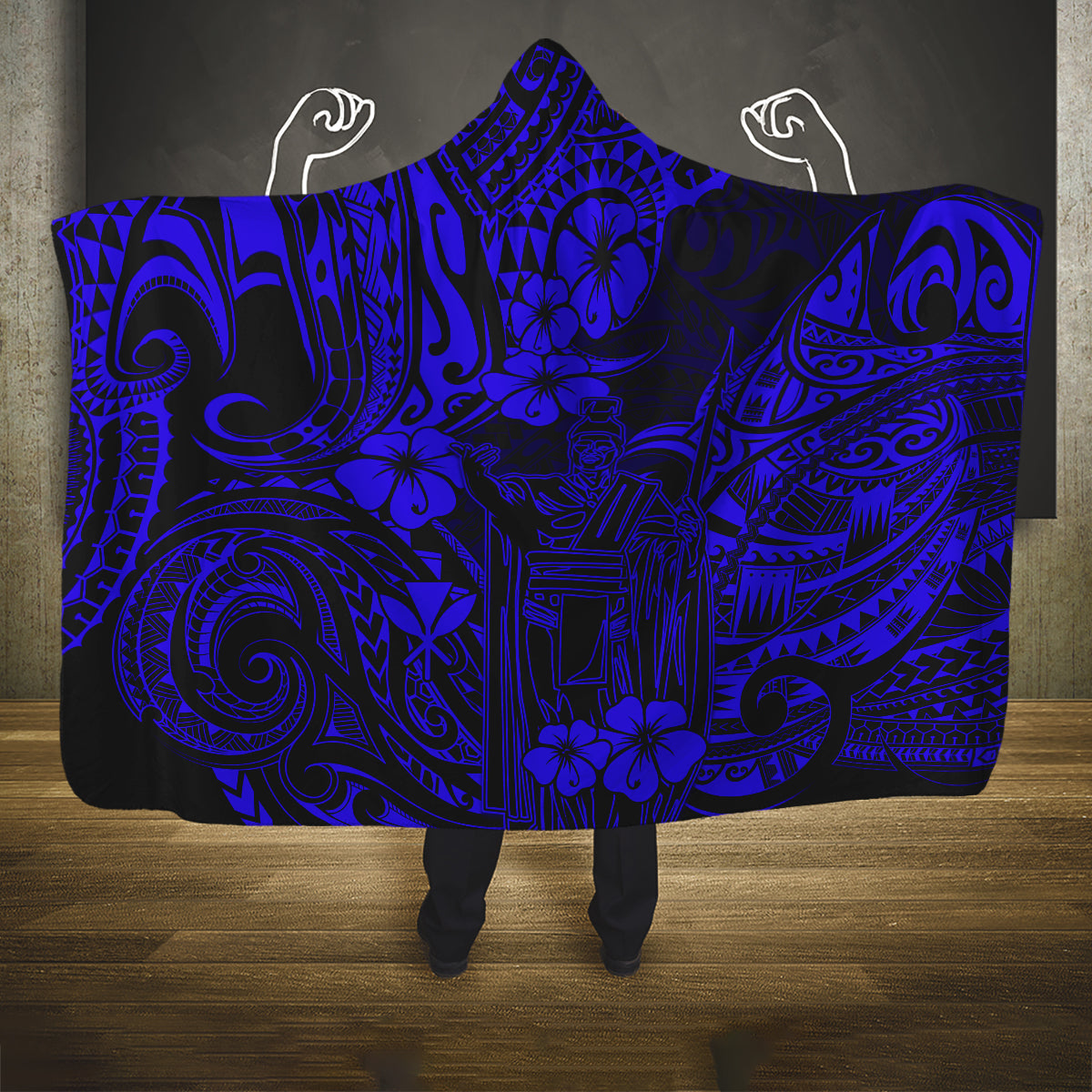 Hawaii King Kamehameha Hooded Blanket Polynesian Pattern Navy Blue Version LT01 One Size Blue - Polynesian Pride