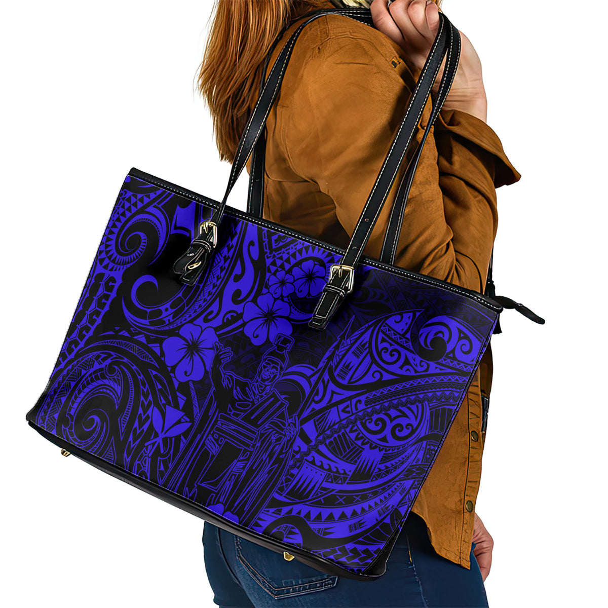 Hawaii King Kamehameha Leather Tote Bag Polynesian Pattern Navy Blue Version LT01 - Polynesian Pride