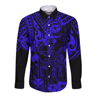Hawaii King Kamehameha Long Sleeve Button Shirt Polynesian Pattern Navy Blue Version LT01 Unisex Blue - Polynesian Pride