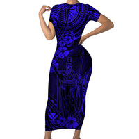 Hawaii King Kamehameha Short Sleeve Bodycon Dress Polynesian Pattern Navy Blue Version LT01 Long Dress Blue - Polynesian Pride