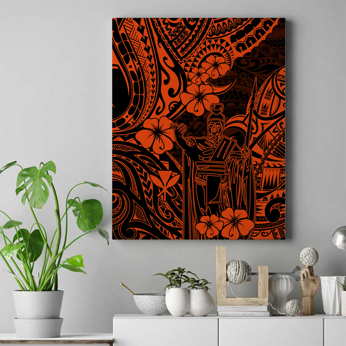 Hawaii King Kamehameha Canvas Wall Art Polynesian Pattern Orange Version LT01 Orange - Polynesian Pride