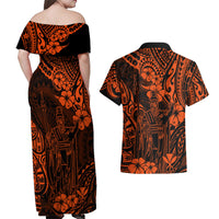 Hawaii King Kamehameha Couples Matching Off Shoulder Maxi Dress and Hawaiian Shirt Polynesian Pattern Orange Version LT01 - Polynesian Pride