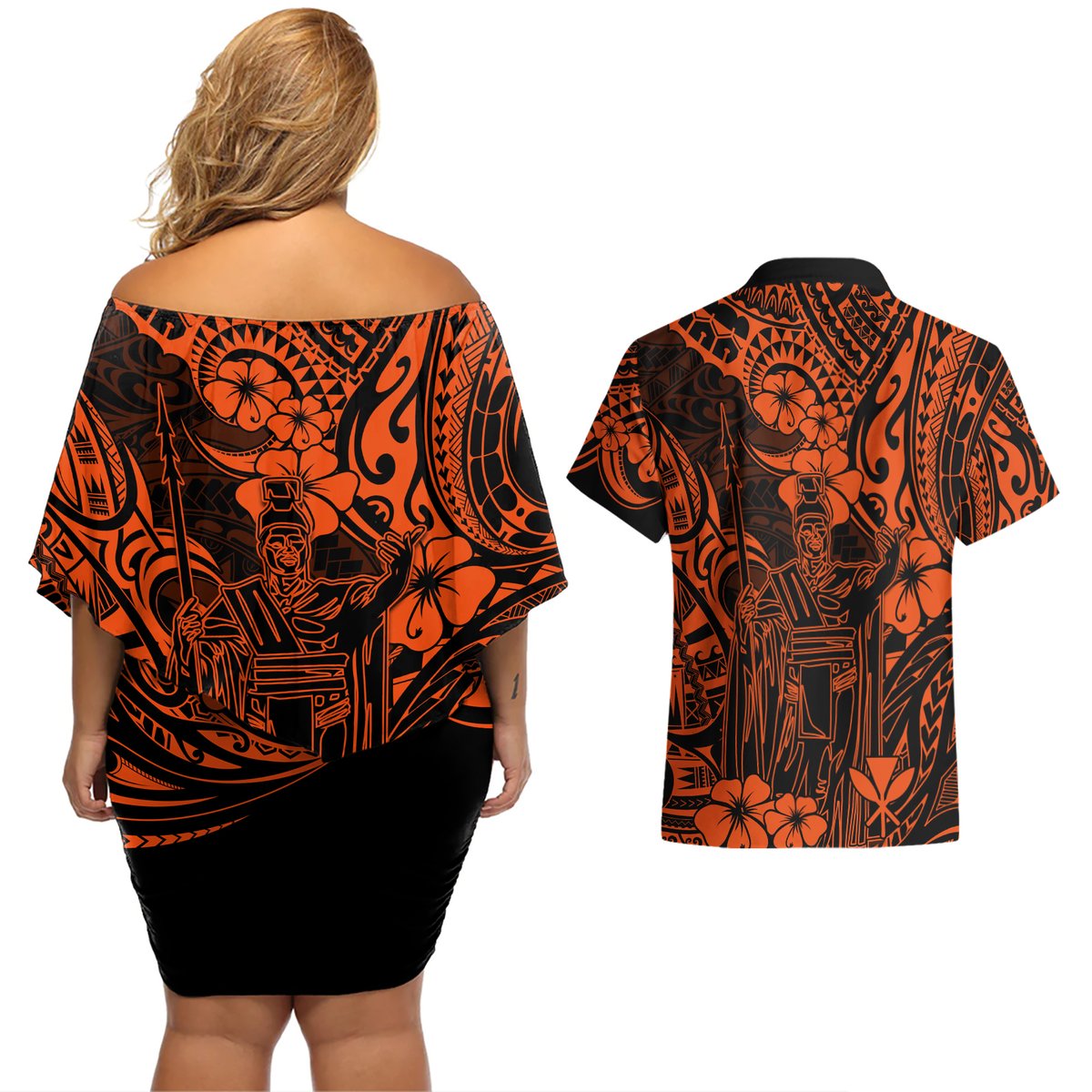 Hawaii King Kamehameha Couples Matching Off Shoulder Short Dress and Hawaiian Shirt Polynesian Pattern Orange Version LT01 - Polynesian Pride