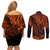 Hawaii King Kamehameha Couples Matching Off Shoulder Short Dress and Long Sleeve Button Shirts Polynesian Pattern Orange Version LT01 - Polynesian Pride