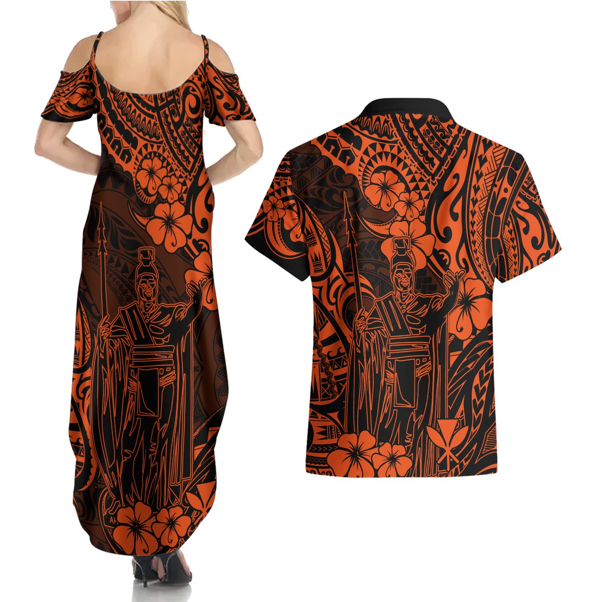 Hawaii King Kamehameha Couples Matching Summer Maxi Dress and Hawaiian Shirt Polynesian Pattern Orange Version LT01 - Polynesian Pride