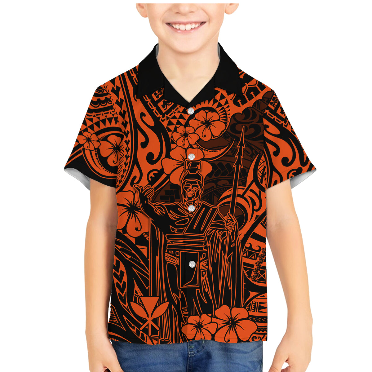 Hawaii King Kamehameha Family Matching Mermaid Dress and Hawaiian Shirt Polynesian Pattern Orange Version LT01 Son's Shirt Orange - Polynesian Pride