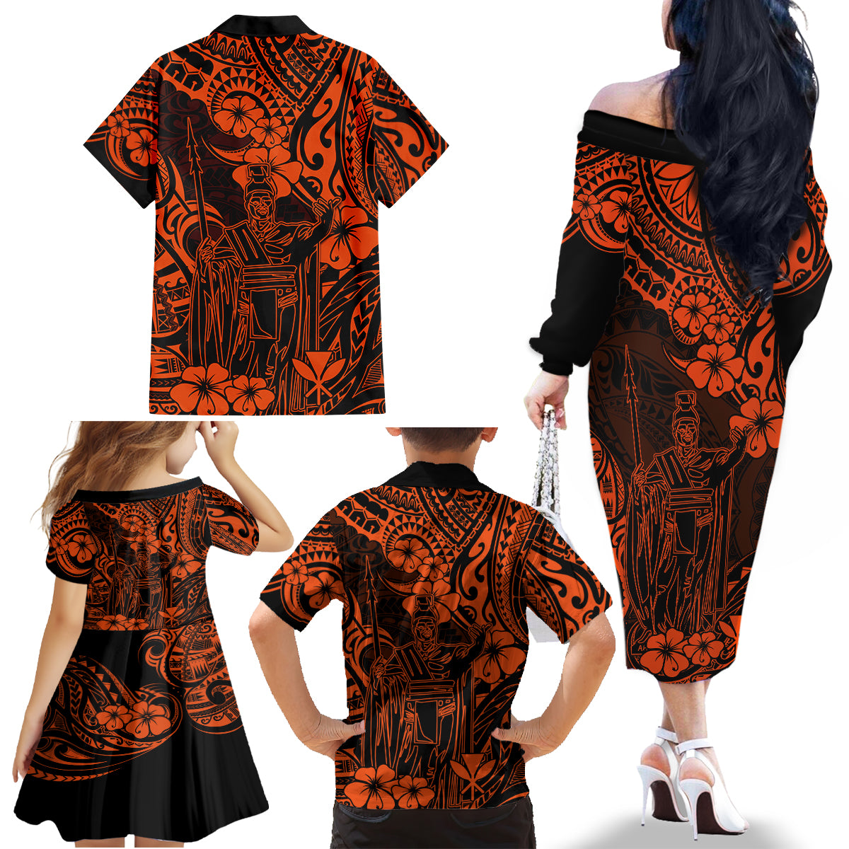 Hawaii King Kamehameha Family Matching Off Shoulder Long Sleeve Dress and Hawaiian Shirt Polynesian Pattern Orange Version LT01 - Polynesian Pride