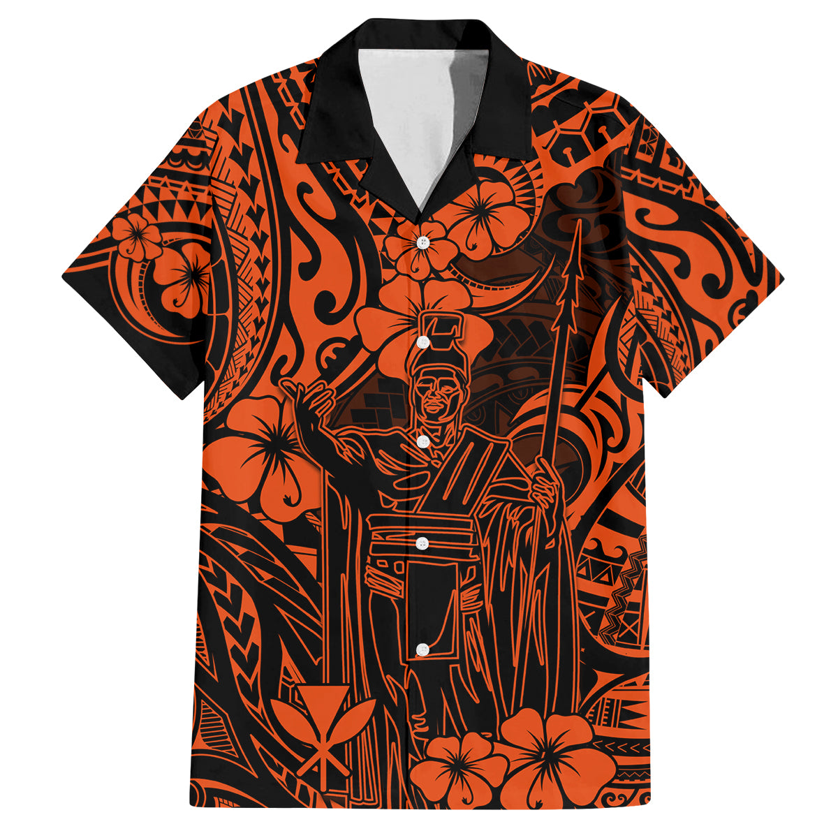 Hawaii King Kamehameha Family Matching Off Shoulder Short Dress and Hawaiian Shirt Polynesian Pattern Orange Version LT01 Dad's Shirt - Short Sleeve Orange - Polynesian Pride
