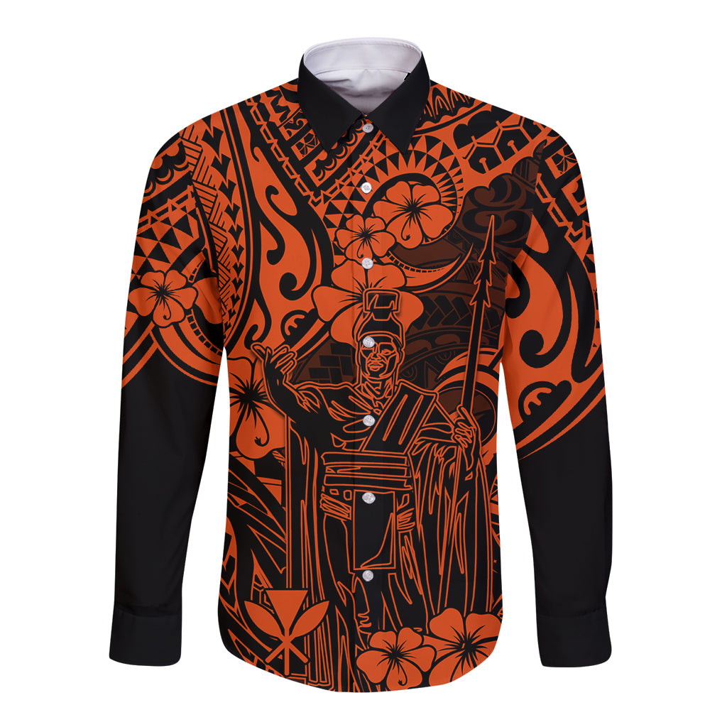 Hawaii King Kamehameha Long Sleeve Button Shirt Polynesian Pattern Orange Version LT01 Unisex Orange - Polynesian Pride