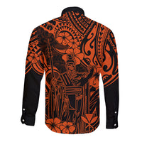 Hawaii King Kamehameha Long Sleeve Button Shirt Polynesian Pattern Orange Version LT01 - Polynesian Pride