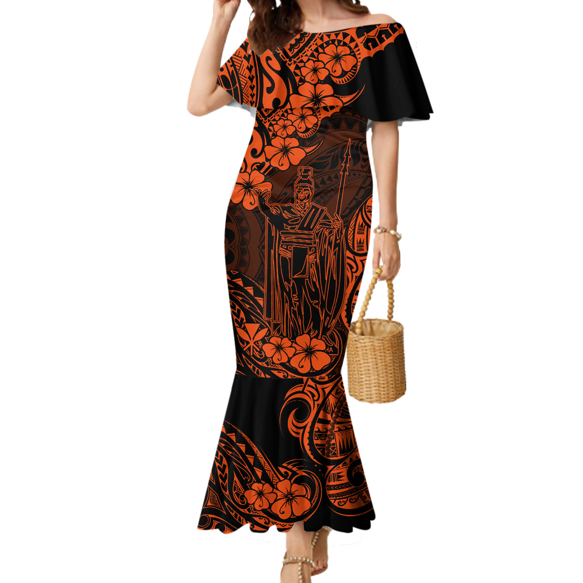 Hawaii King Kamehameha Mermaid Dress Polynesian Pattern Orange Version LT01 Women Orange - Polynesian Pride