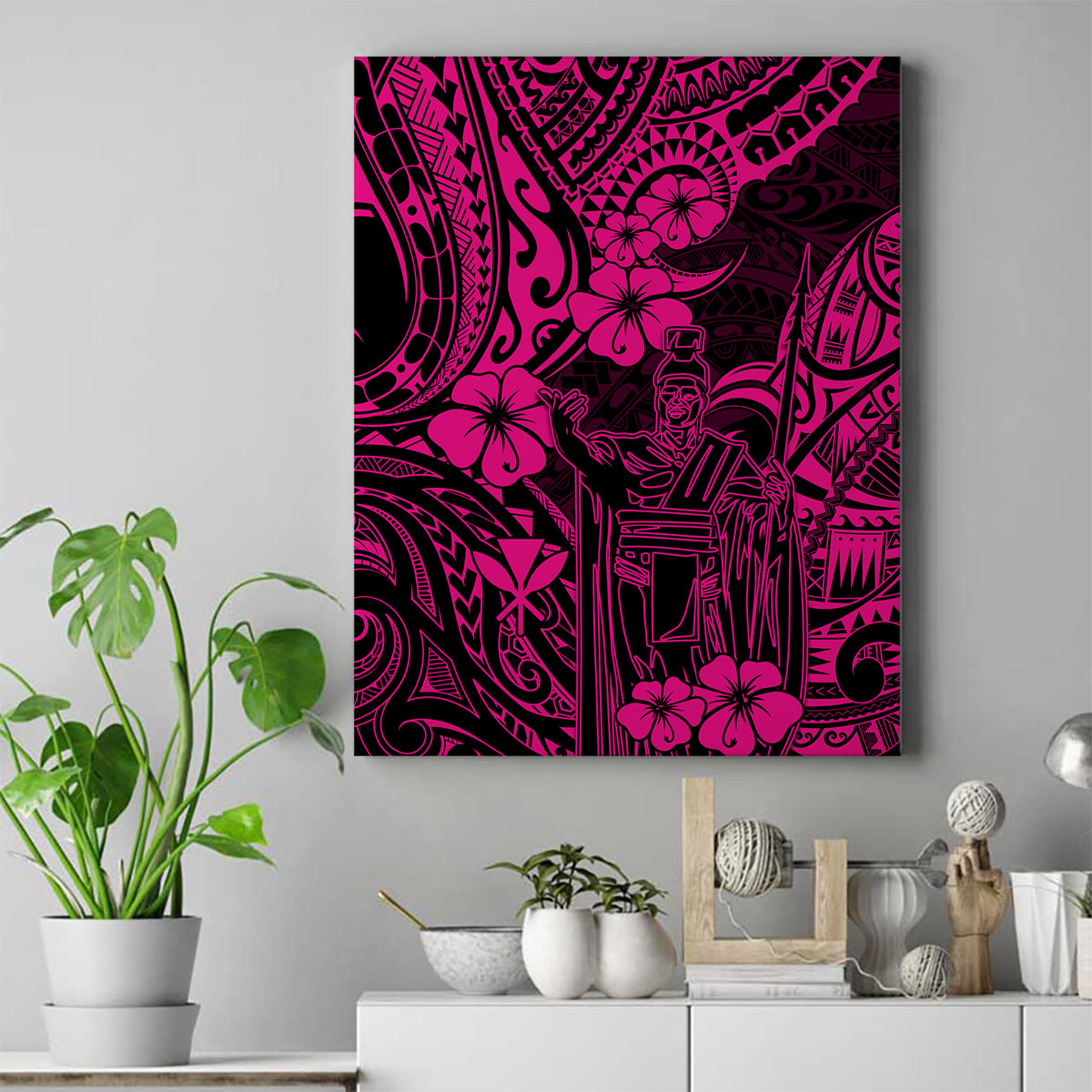 Hawaii King Kamehameha Canvas Wall Art Polynesian Pattern Pink Version LT01 Pink - Polynesian Pride