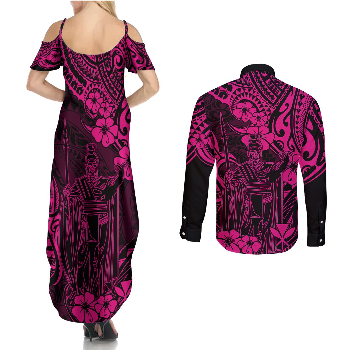 Hawaii King Kamehameha Couples Matching Summer Maxi Dress and Long Sleeve Button Shirts Polynesian Pattern Pink Version LT01 - Polynesian Pride