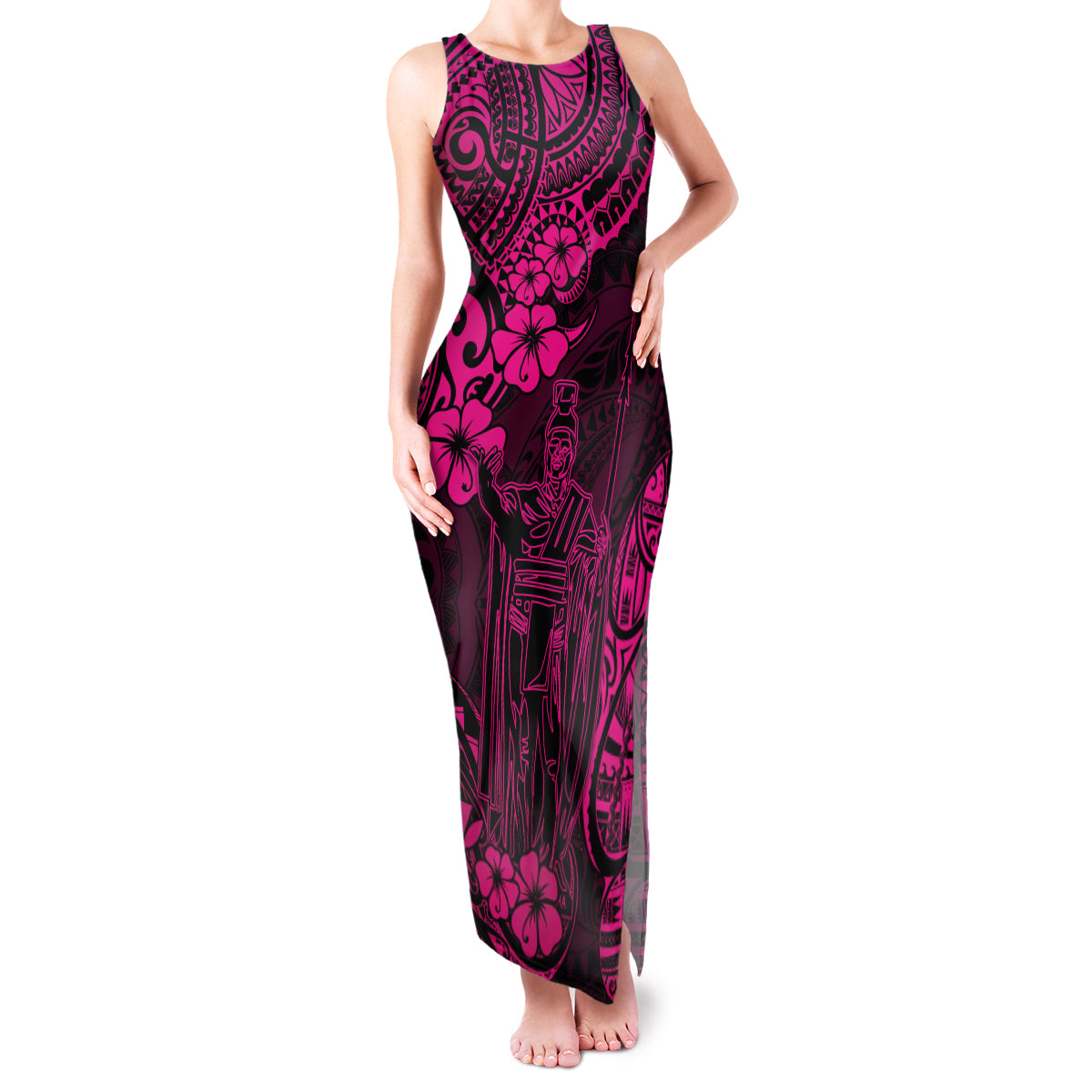 Hawaii King Kamehameha Family Matching Tank Maxi Dress and Hawaiian Shirt Polynesian Pattern Pink Version LT01 Mom's Dress Pink - Polynesian Pride