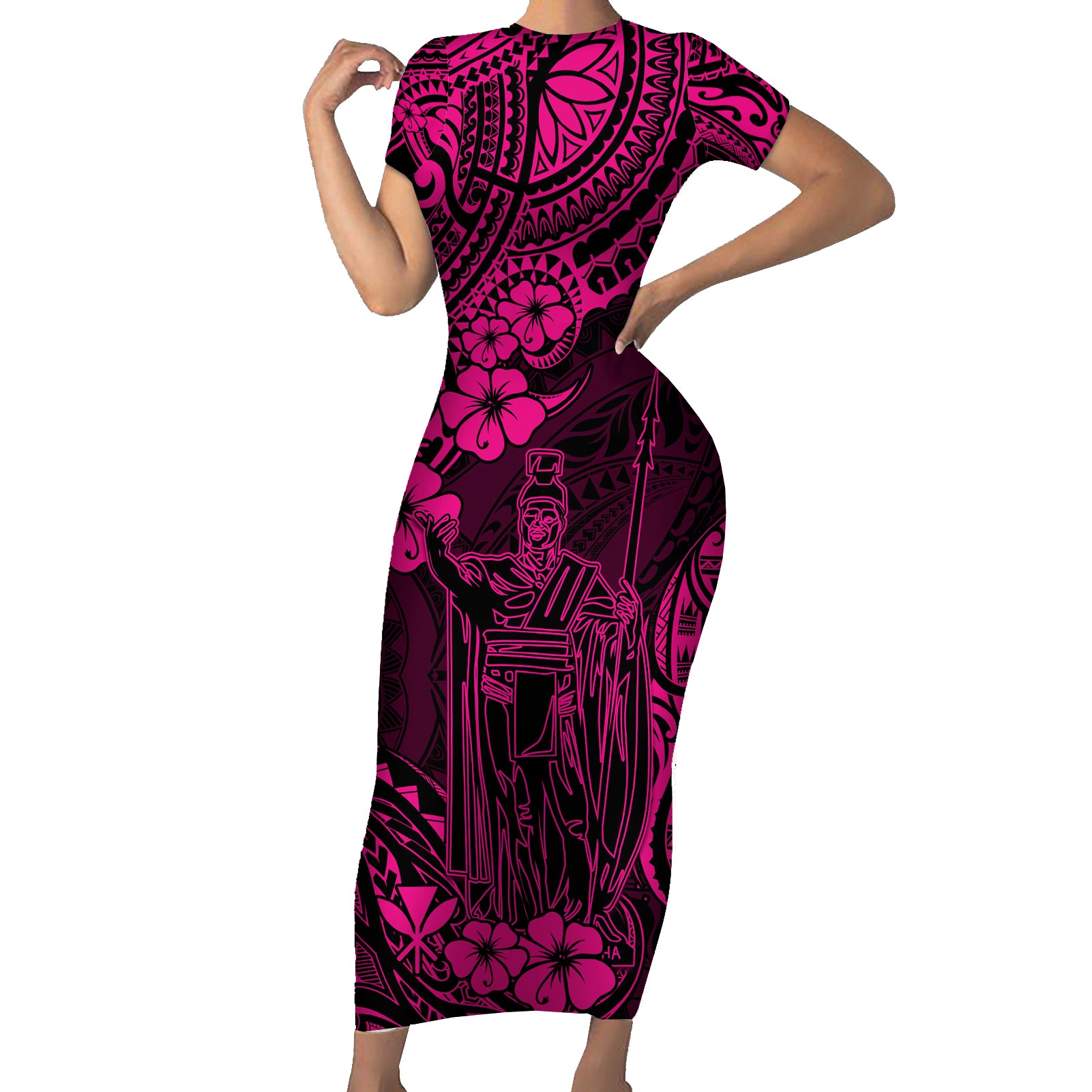Hawaii King Kamehameha Short Sleeve Bodycon Dress Polynesian Pattern Pink Version LT01 Long Dress Pink - Polynesian Pride