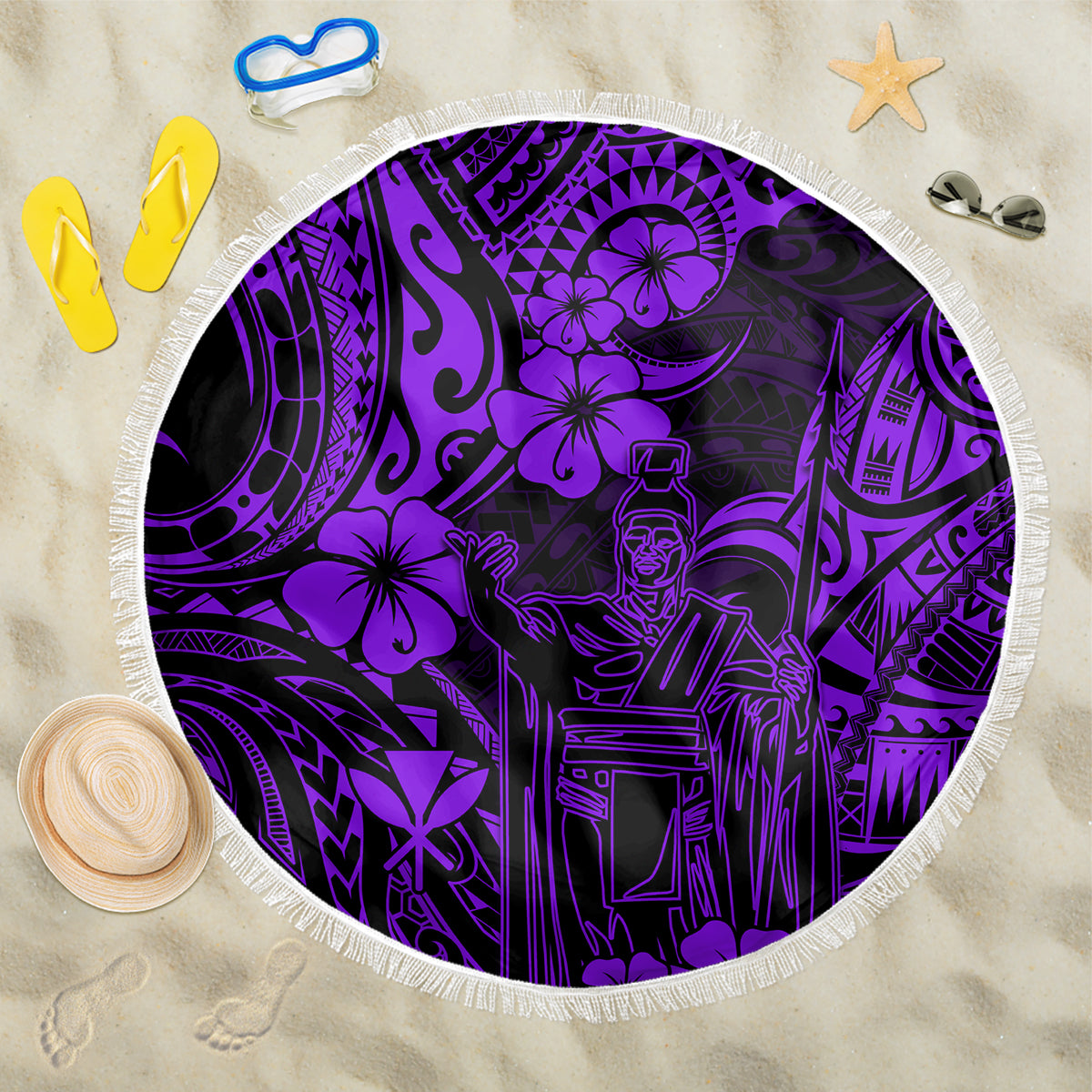Hawaii King Kamehameha Beach Blanket Polynesian Pattern Purple Version LT01 One Size 150cm Purple - Wonder Print Shop