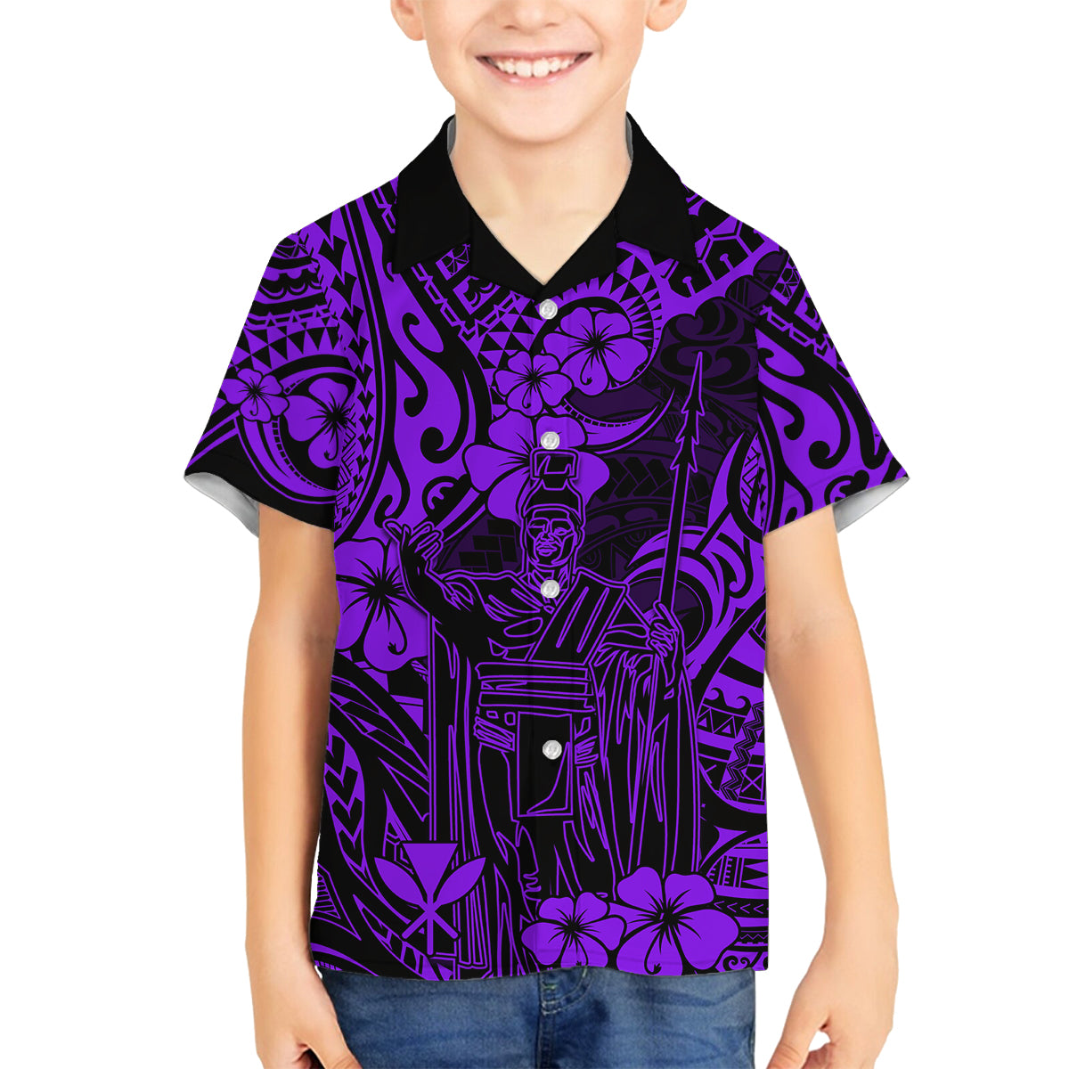 Hawaii King Kamehameha Family Matching Off Shoulder Long Sleeve Dress and Hawaiian Shirt Polynesian Pattern Purple Version LT01 Son's Shirt Purple - Polynesian Pride